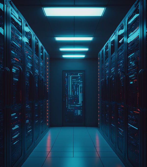 Data server racks hub room with big data computer center. Blue corridor interior for hosting storage hardware system.