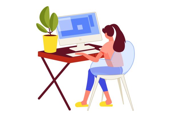 Freelance people work composition with female character sitting at computer table working at home vector illustration