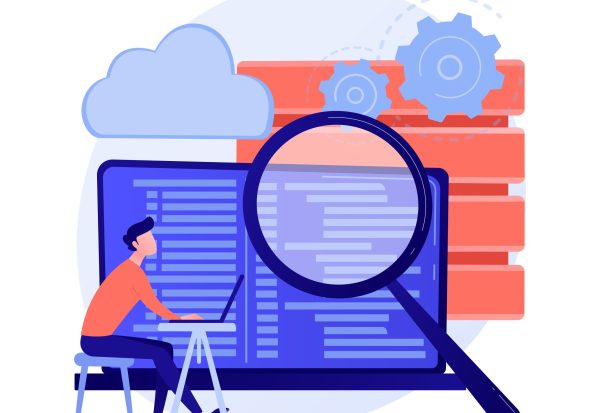 QA tester. Developmental kit. Analyzing binary code. Close inspection, coding, checking open script. Website administration. Reaffirming quality. Vector isolated concept metaphor illustration.